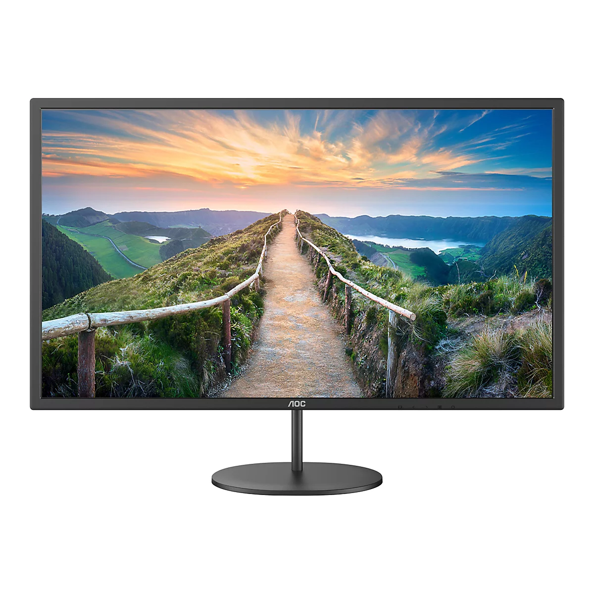 Schwarzer AOC-Monitor mit dünnem Rahmen, auf dem eine malerische Landschaft mit Wanderweg bei Sonnenuntergang zu sehen ist.
