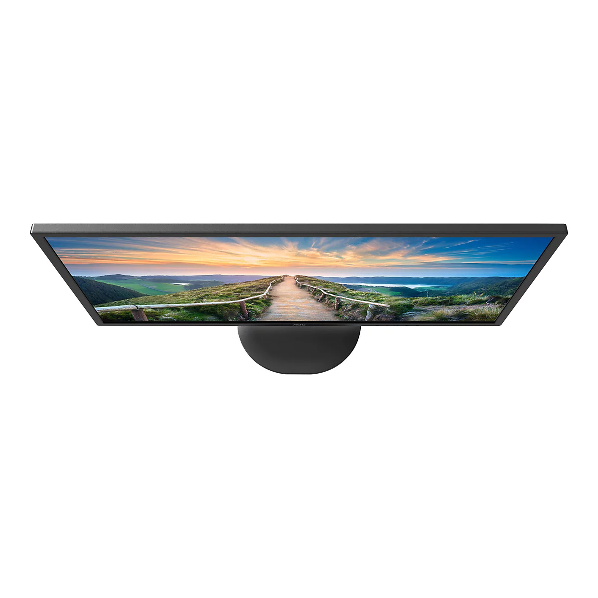Draufsicht auf einen schwarzen AOC Monitor mit Landschaftsbild bei Sonnenuntergang vor weißem Hintergrund.