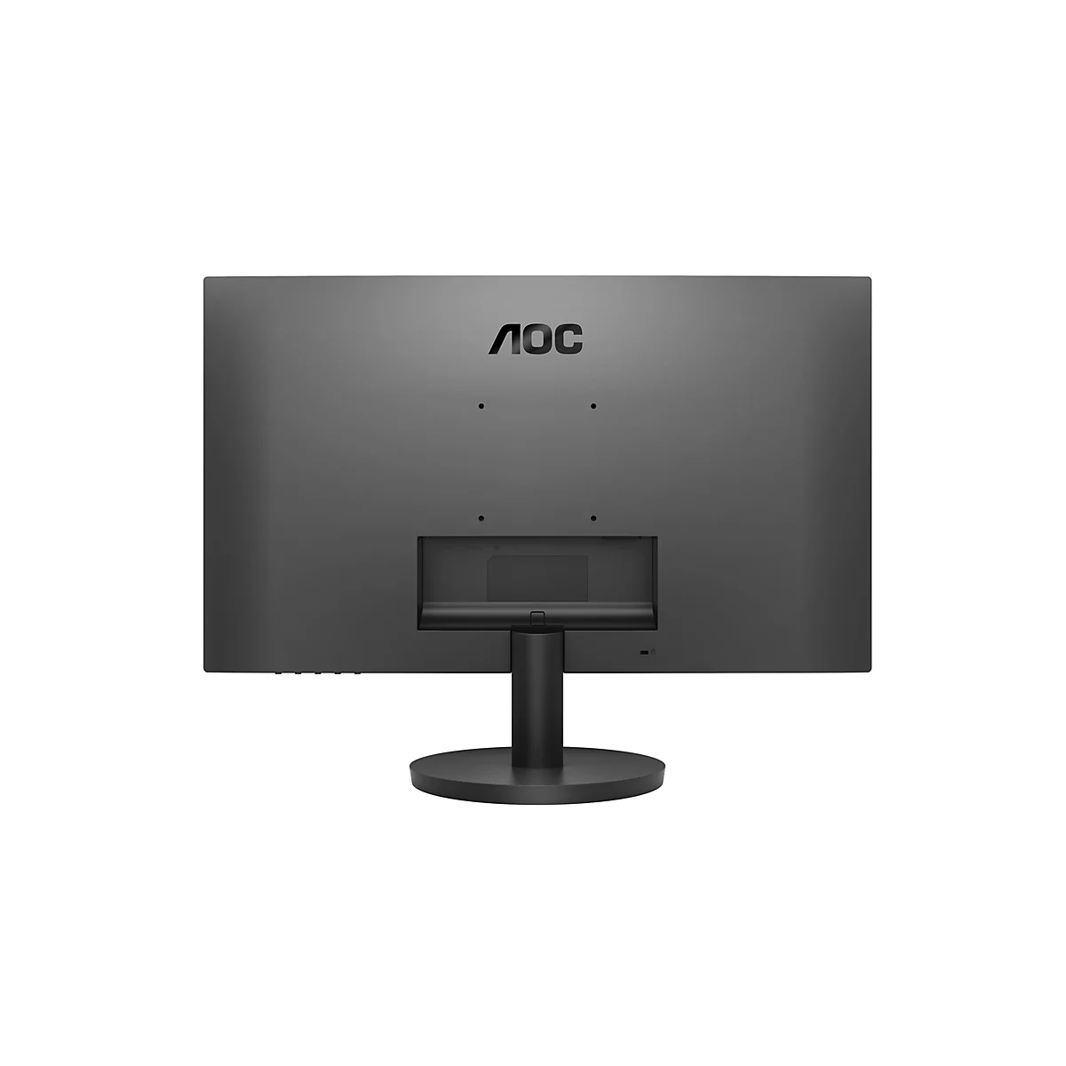 Rückseite eines schwarzen AOC Monitors mit Standfuß vor weißem Hintergrund.