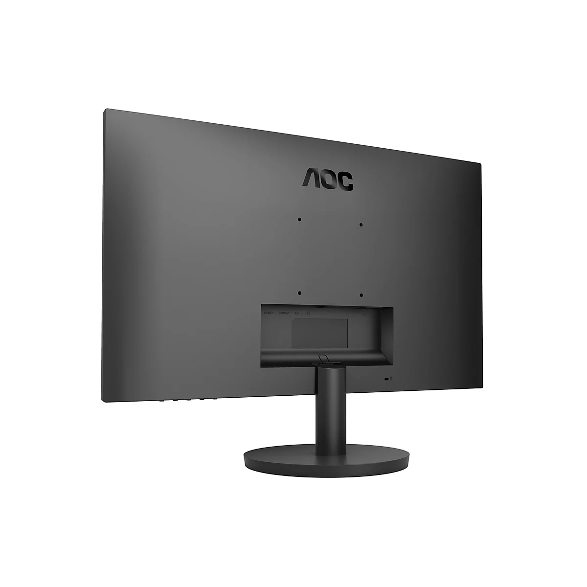 Rückseite eines schwarzen AOC-Monitors mit Standfuß und sichtbaren Anschlüssen vor weißem Hintergrund.