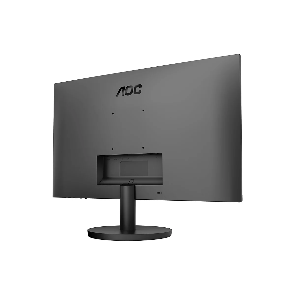 Ein schwarzer Monitor, Rückansicht, mit "AOC" Logo, Ports und Ständer.