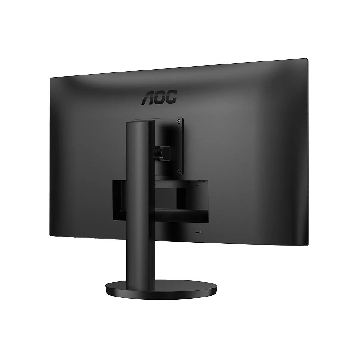 Rückseite eines schwarzen AOC-Monitors mit Standfuß. Das AOC-Logo ist oben mittig sichtbar.
