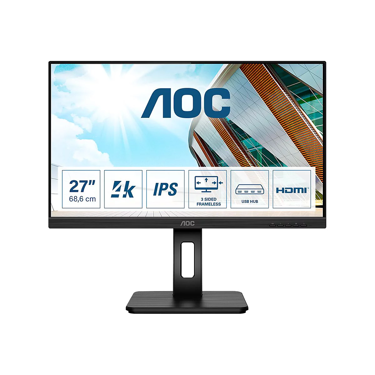 AOC Monitor, 27 Zoll, 4K AuflÃ¶sung, IPS Panel, 3-seitig rahmenlos, USB Hub, HDMI. Schwarzer Rahmen und FuÃŸ.