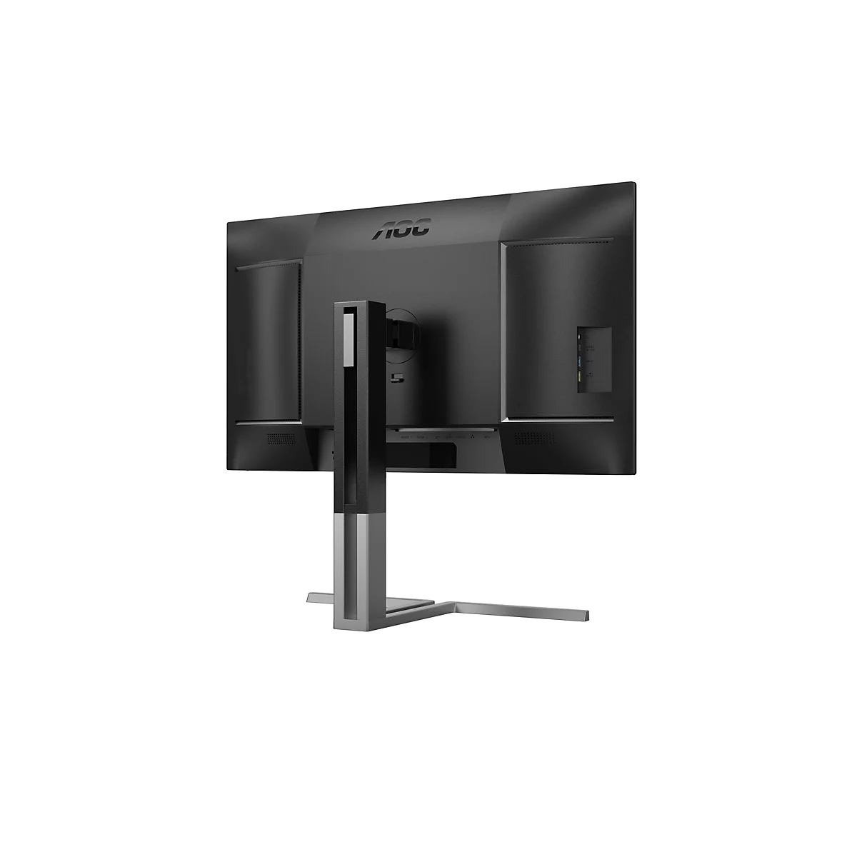 Rückansicht eines schwarzen AOC-Monitors mit silberfarbenem Standfuß. Anschlüsse sind sichtbar, das AOC-Logo oben.