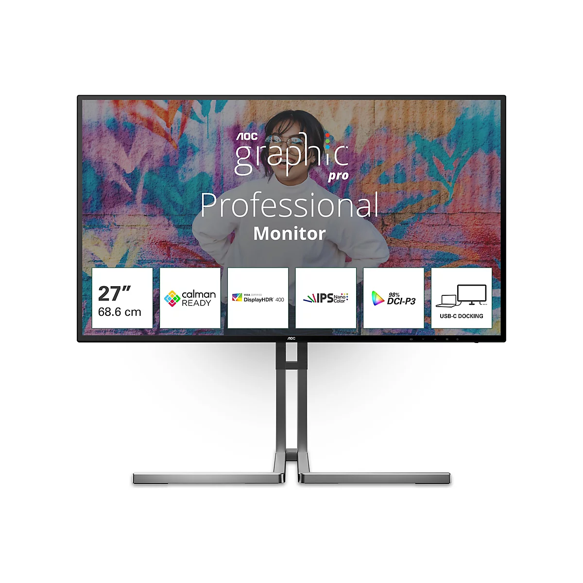 AOC Graphic Pro Monitor auf Standfuß mit Displayanzeige und grafischen Spezifikationskacheln.