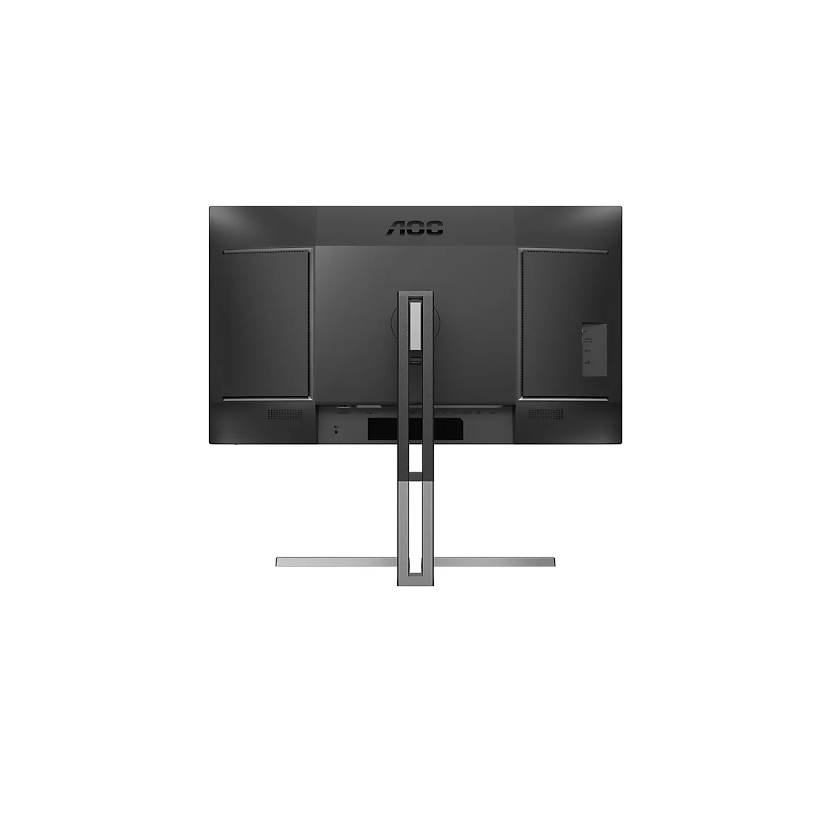Rückansicht eines schwarzen AOC-Monitors mit schlankem Standfuß auf weißem Hintergrund.