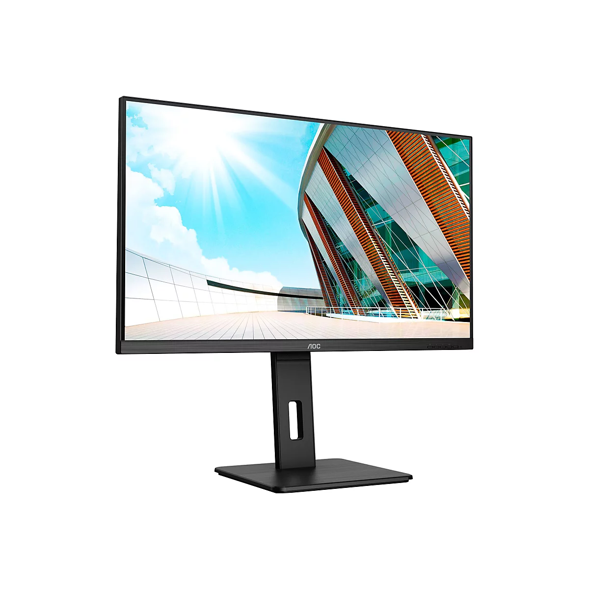 AOC Monitor mit einem Bildschirm, der ein Gebäude mit blauem Himmel und Sonnenlicht zeigt. Der Monitor ist schwarz und steht auf einem schwarzen Fuß.