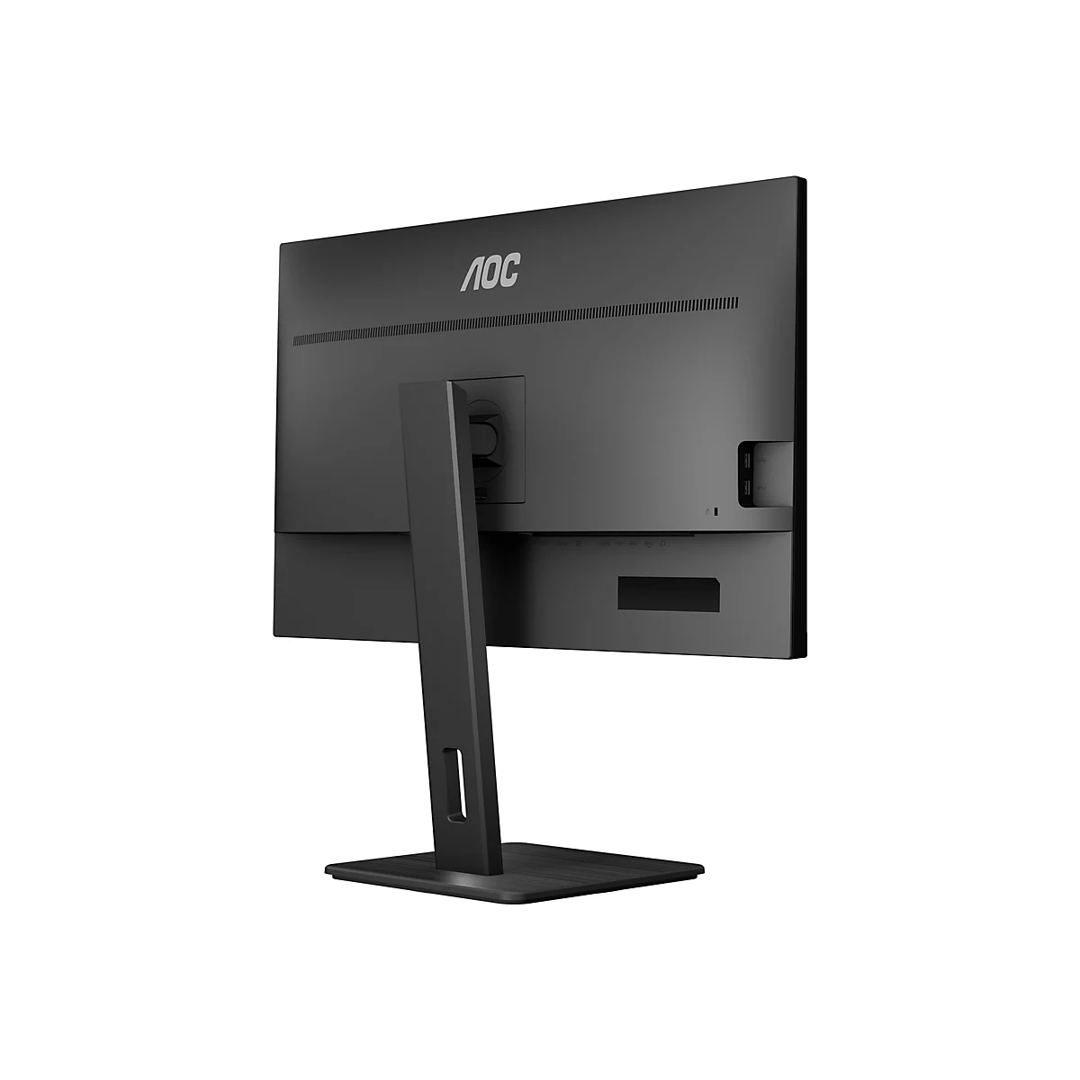 Schwarzer AOC Monitor, Rückansicht. Anschlussmöglichkeiten unten, AOC Logo oben.