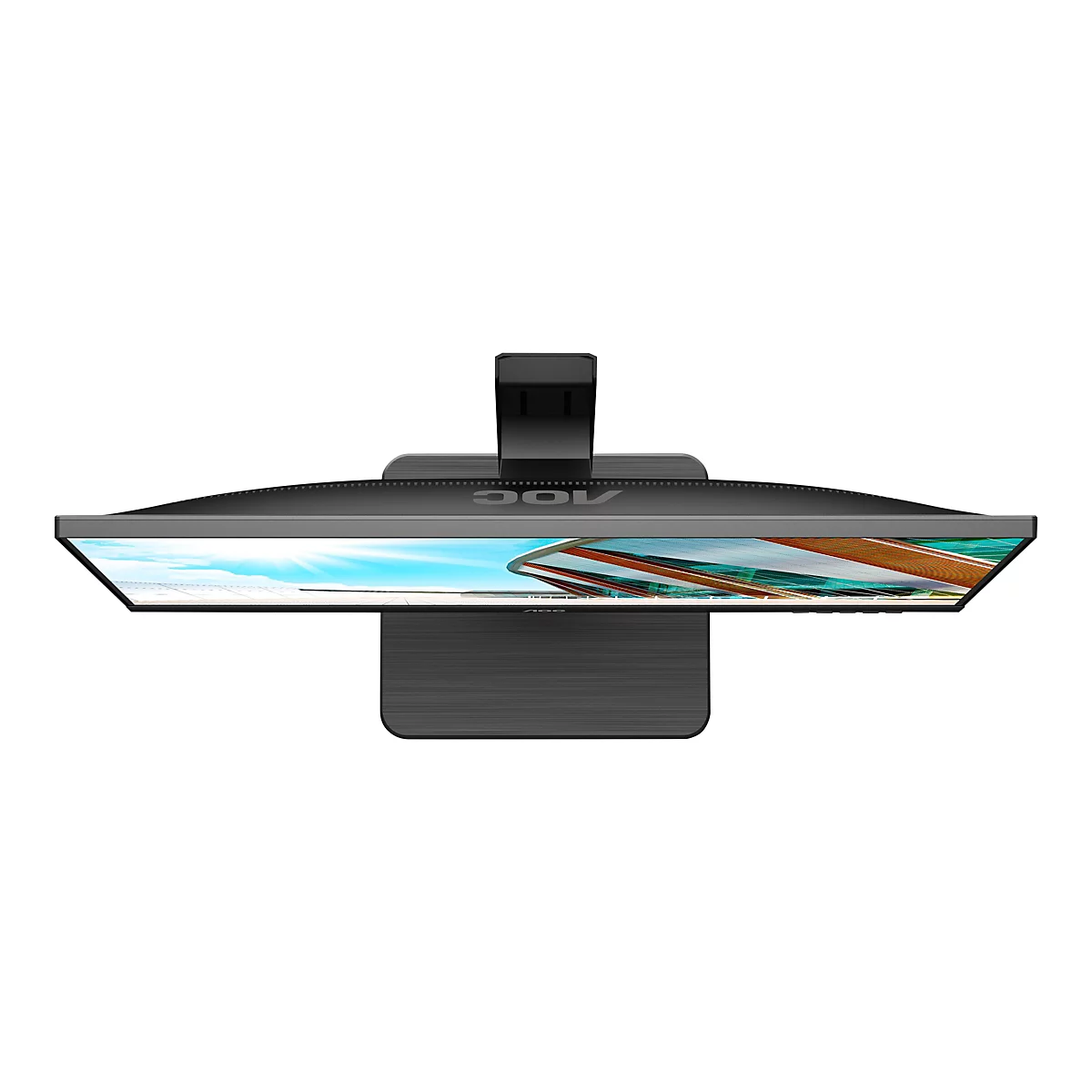 Draufsicht auf einen schwarzen Monitor mit AOC-Logo, der auf einem weißen Hintergrund steht. Der Bildschirm zeigt eine Landschaft.