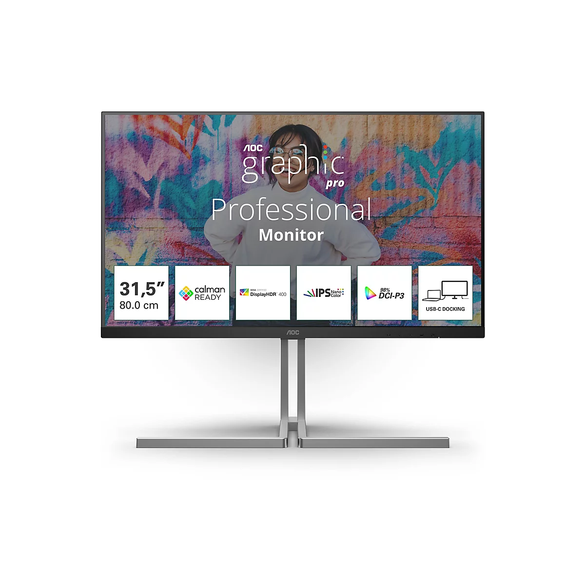 Ein AOC Graphic Pro Monitor mit großem Bildschirm, schwarzem Rahmen und silberfarbenem Standfuß. Im Hintergrund befindet sich eine Graffiti-Wand mit farbenfrohen Mustern und einem lächelnden Model. Auf dem Bildschirm stehen die Größenangaben, sowie ver...