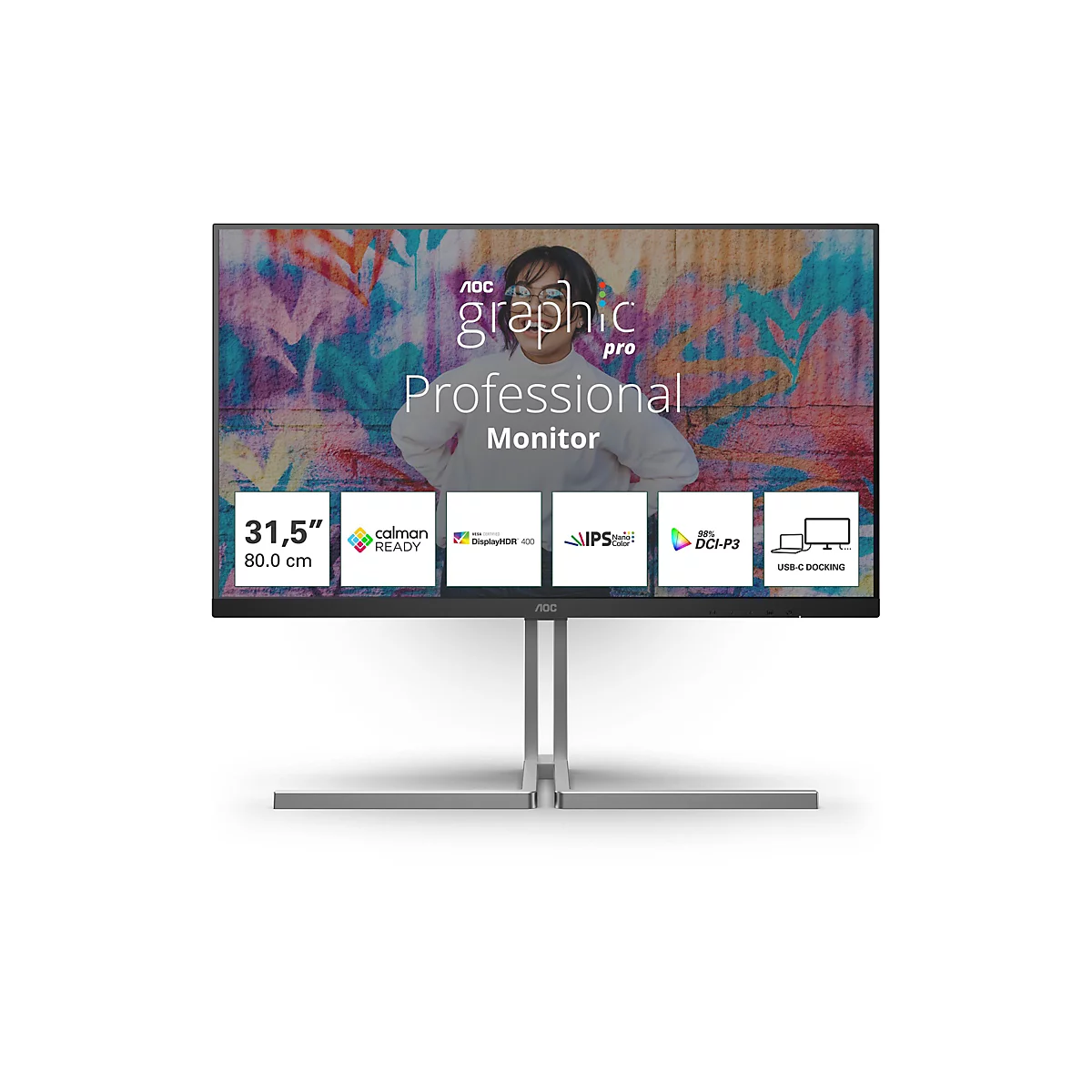 AOC Graphic Pro Monitor, 31,5 Zoll, zeigt ein Graffiti-Bild einer Frau mit technischen Spezifikations-Icons.