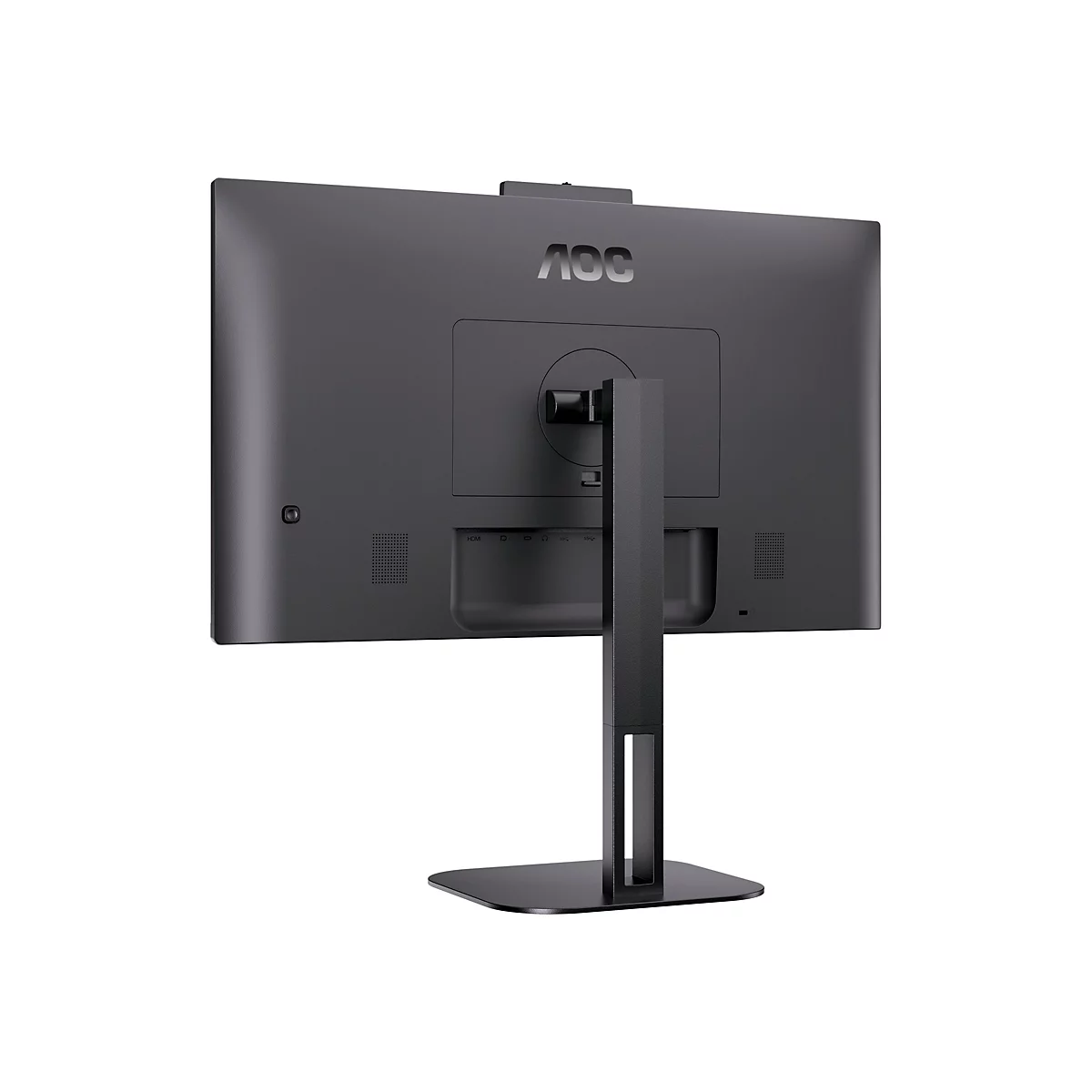 Rückansicht eines schwarzen AOC-Monitors mit Standfuß, der auf weißem Hintergrund steht. Oben mittig ist das AOC-Logo zu sehen, darunter Anschlüsse.