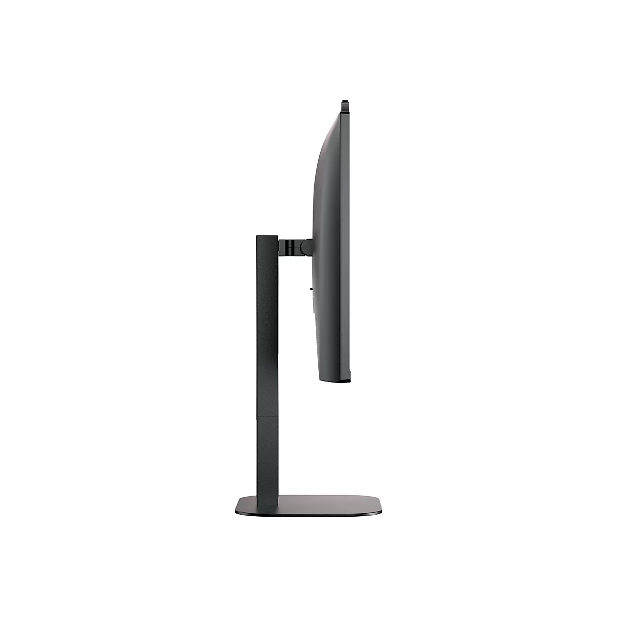 Seitenansicht eines schwarzen Monitors mit Standfuß. Die rechteckige Basis und der schlanke Bildschirm stehen auf weißem Hintergrund.