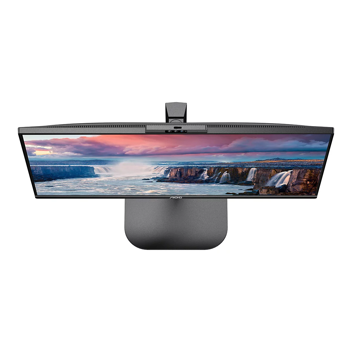 Ein grauer AOC-Monitor mit einem Display, das Wasserfälle und einen Himmel mit rosa Wolken zeigt. Oben ist eine Webcam angebracht. Der Monitor hat einen grauen Standfuß.
