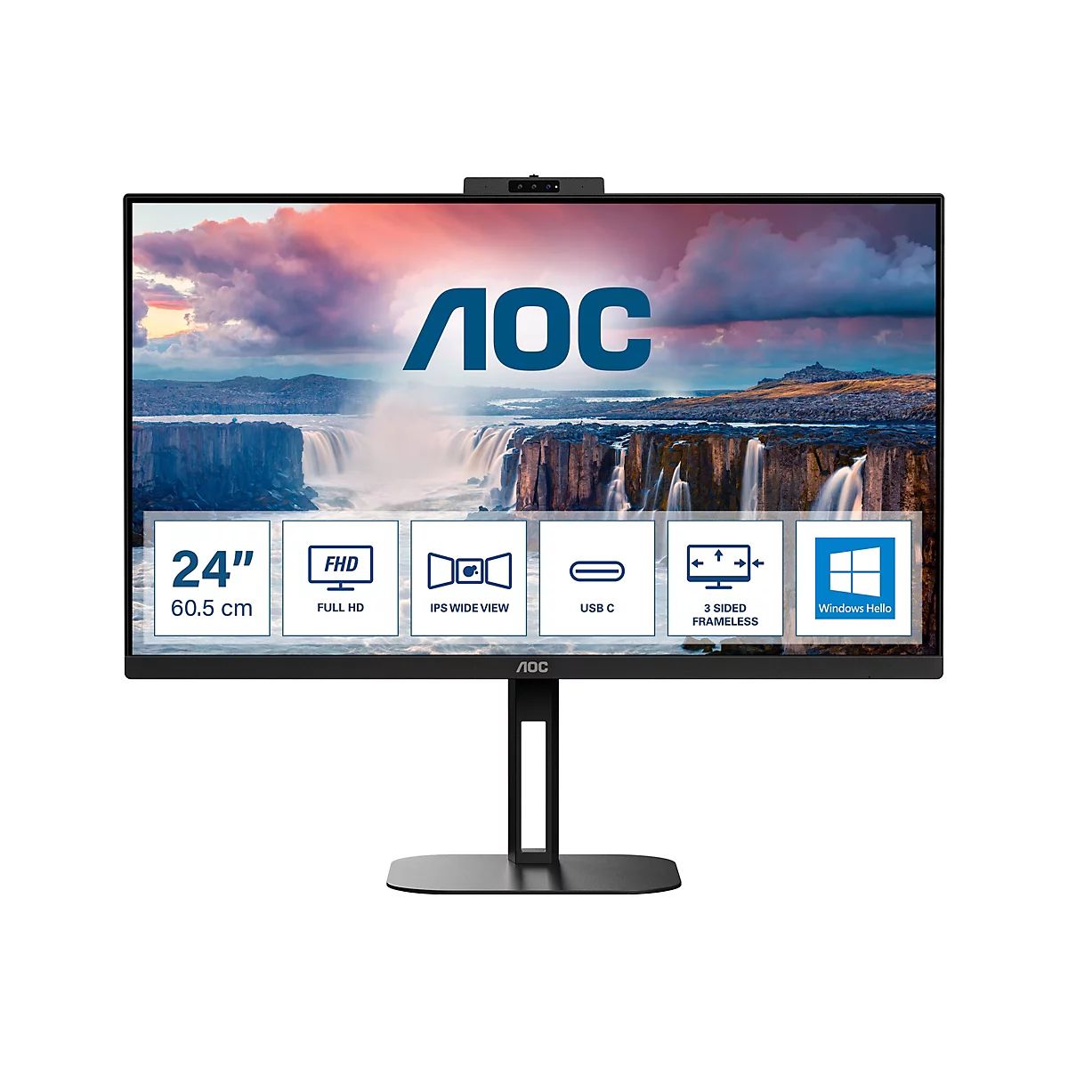 Schwarzer AOC-Monitor mit Landschaftshintergrund, Webcam und Infotafeln. Text: 24", FHD, IPS Wide View, USB C, 3 Sided Frameless, Windows Hello.