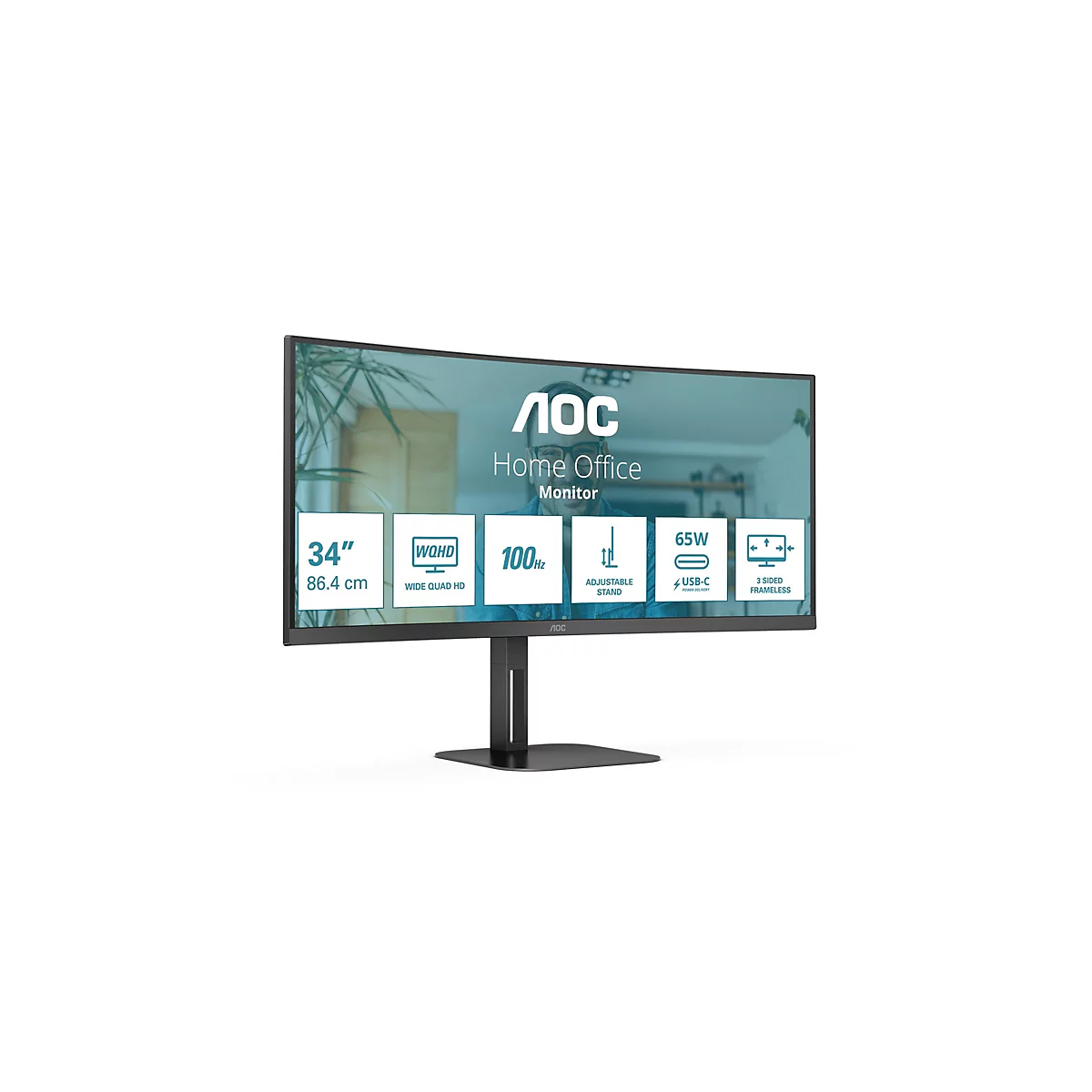 Ein schwarzer, gebogener AOC Home Office Monitor. Darunter werden Eigenschaften wie 34 Zoll, WQHD, 100 Hz, ein verstellbarer Ständer, USB-C und ein rahmenloses Design hervorgehoben.