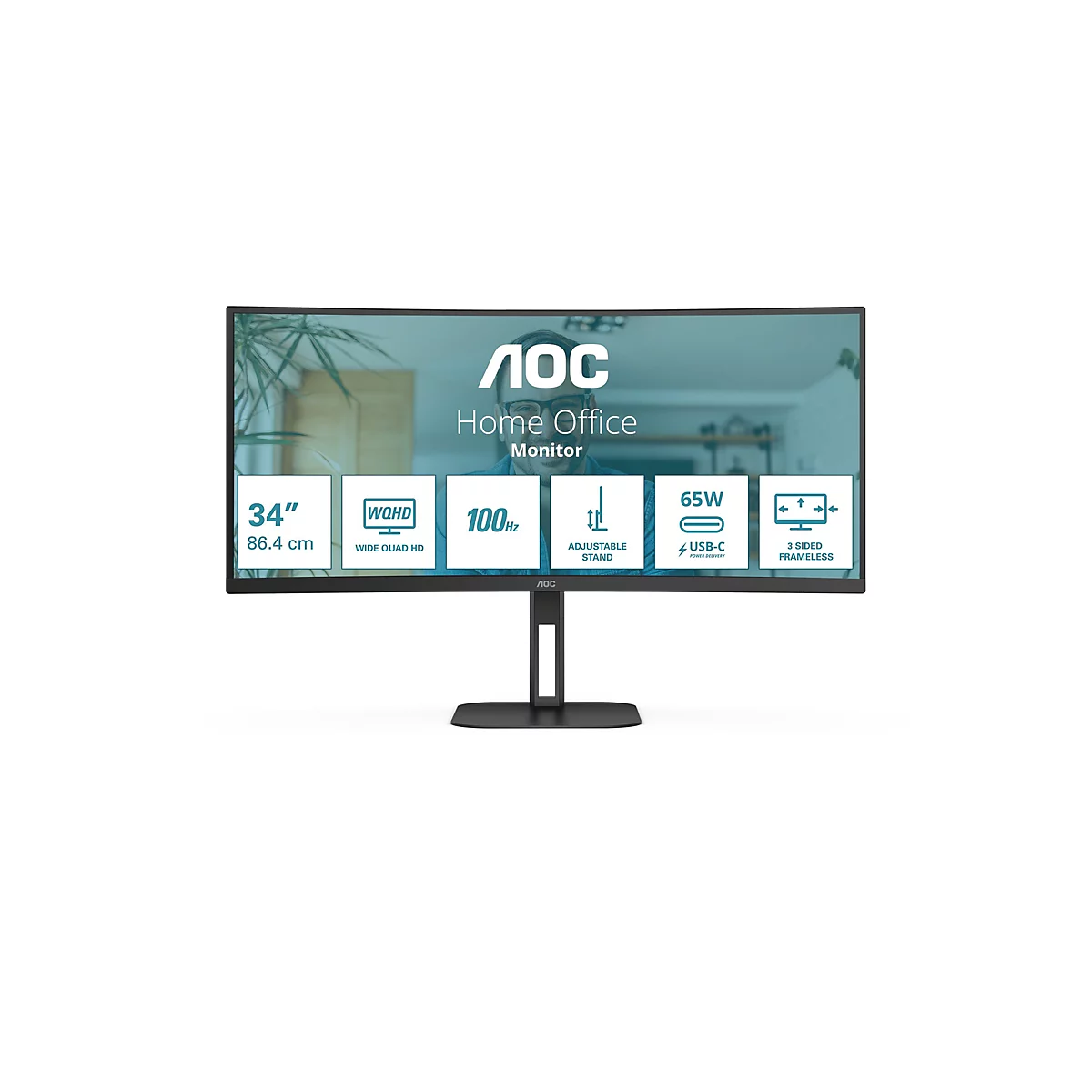 Schwarzer 34-Zoll AOC Curved Home Office Monitor mit technischen Symbolen auf dem Bildschirm.