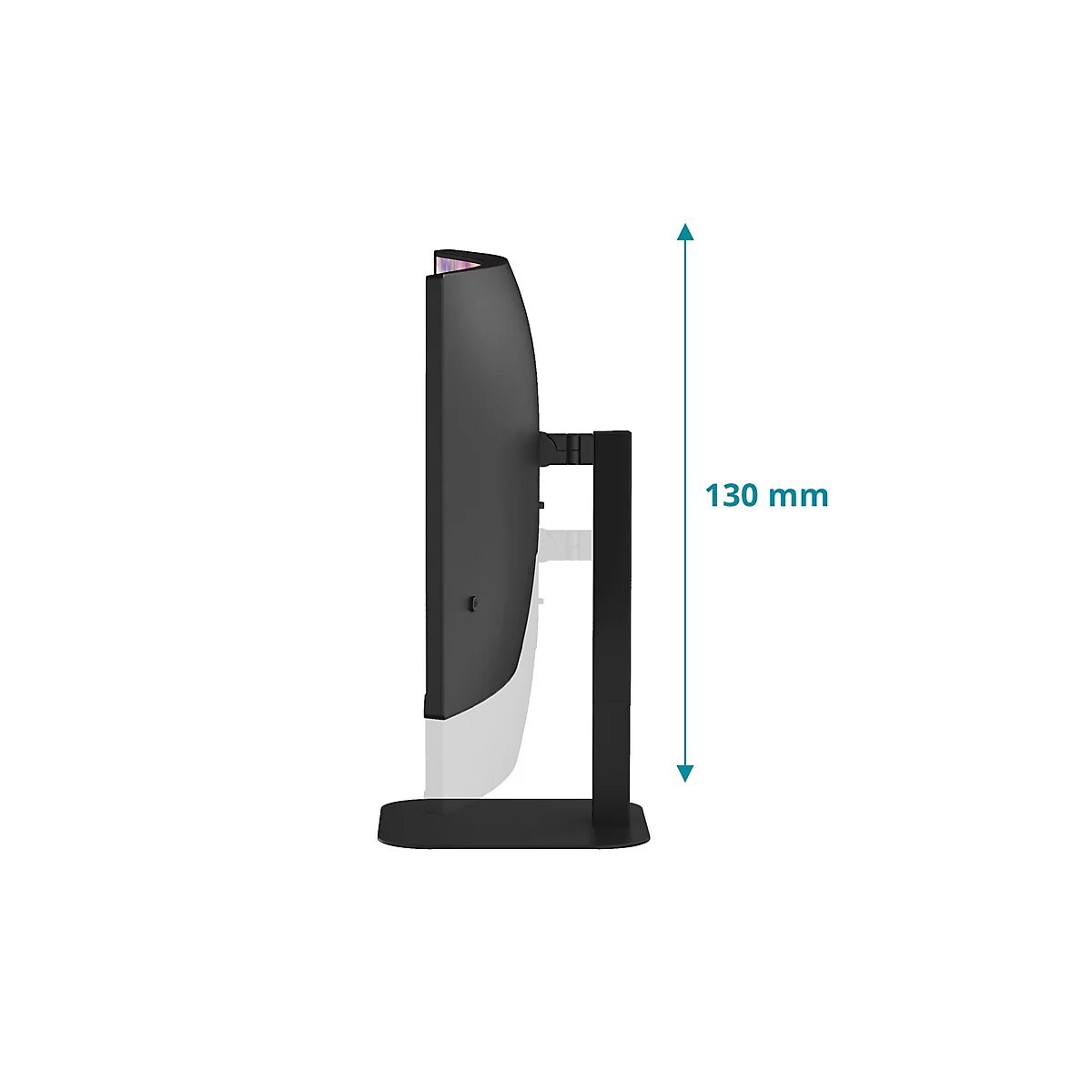 Seitenansicht eines Monitors mit Höhenverstellbarkeit von 130 mm.