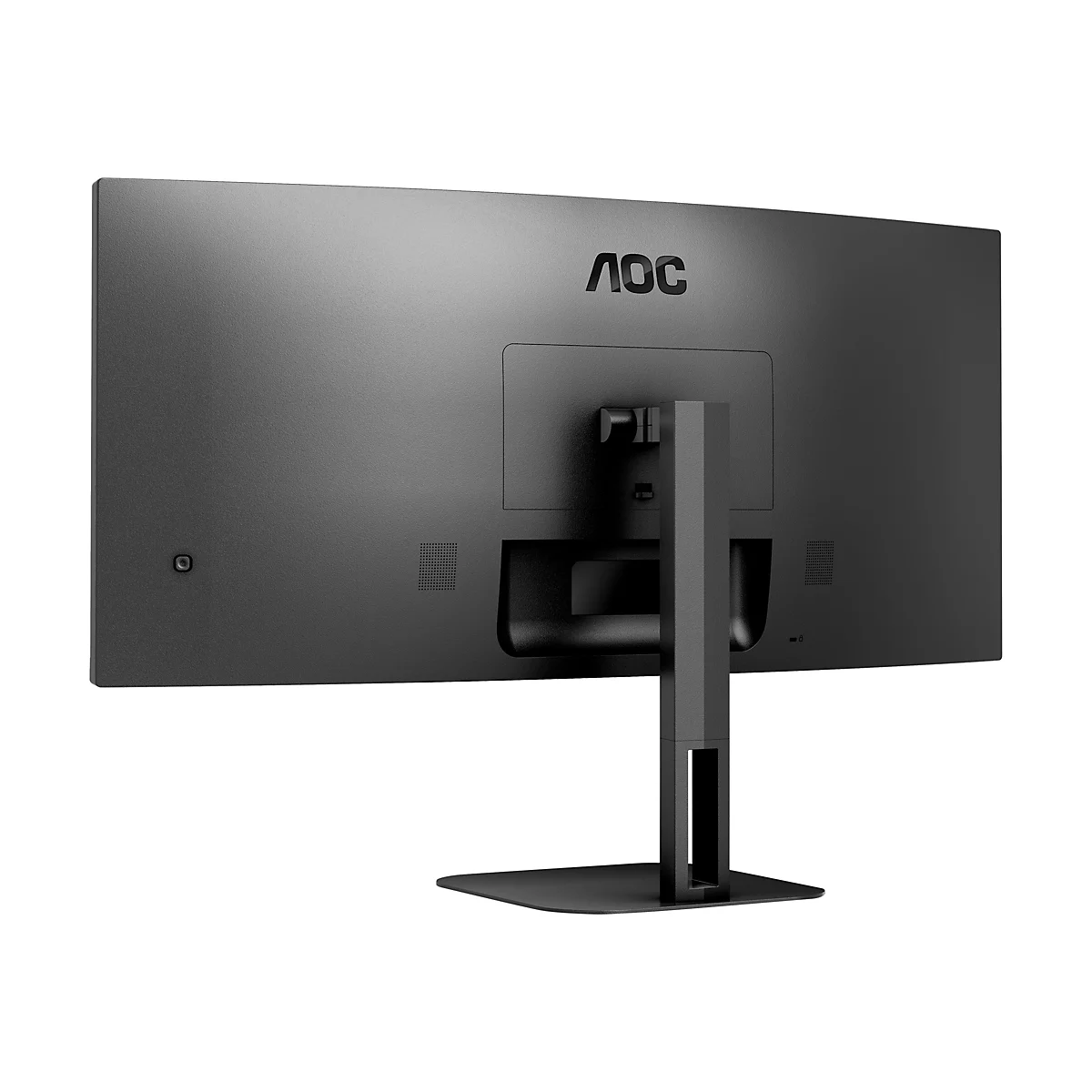 Rückseite eines schwarzen AOC Monitors mit Standfuß vor weißem Hintergrund.