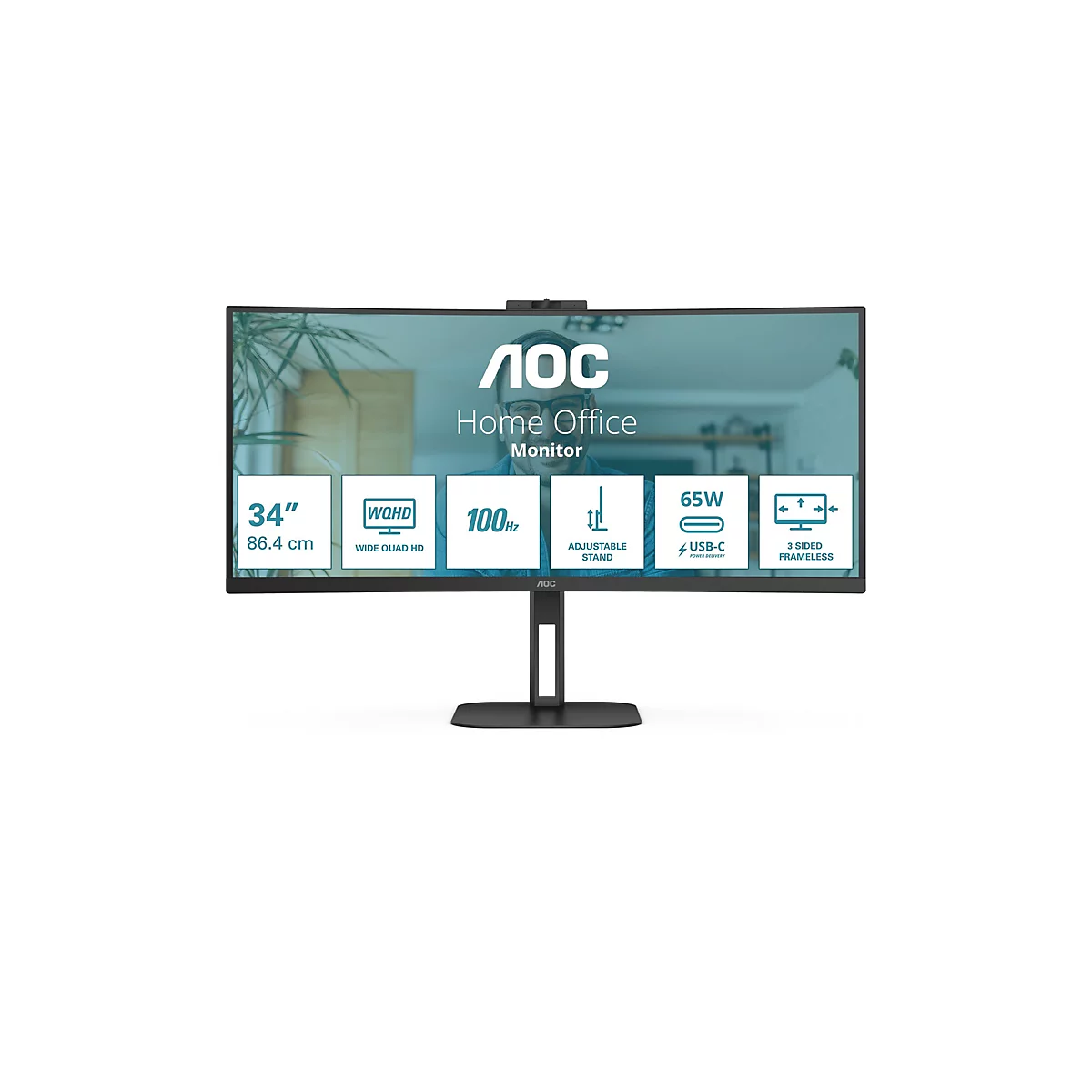 Ein schwarzer, gebogener AOC Home Office Monitor. Darunter befinden sich Piktogramme mit Angaben zur Größe, Auflösung und Funktionen.