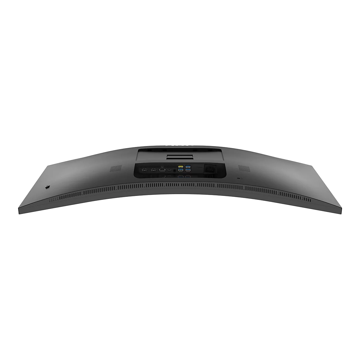 Draufsicht auf die Rückseite eines schwarzen, gebogenen Monitors mit Anschlüssen für Strom, HDMI und USB.