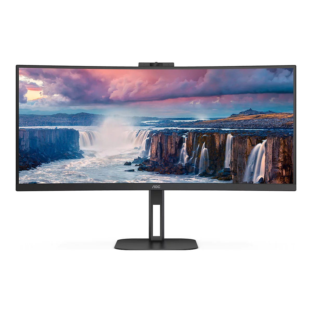 Schwarzer, breiter Curved-Monitor von AOC mit Wasserfall-Hintergrundbild und integrierter Webcam auf weißem Grund.