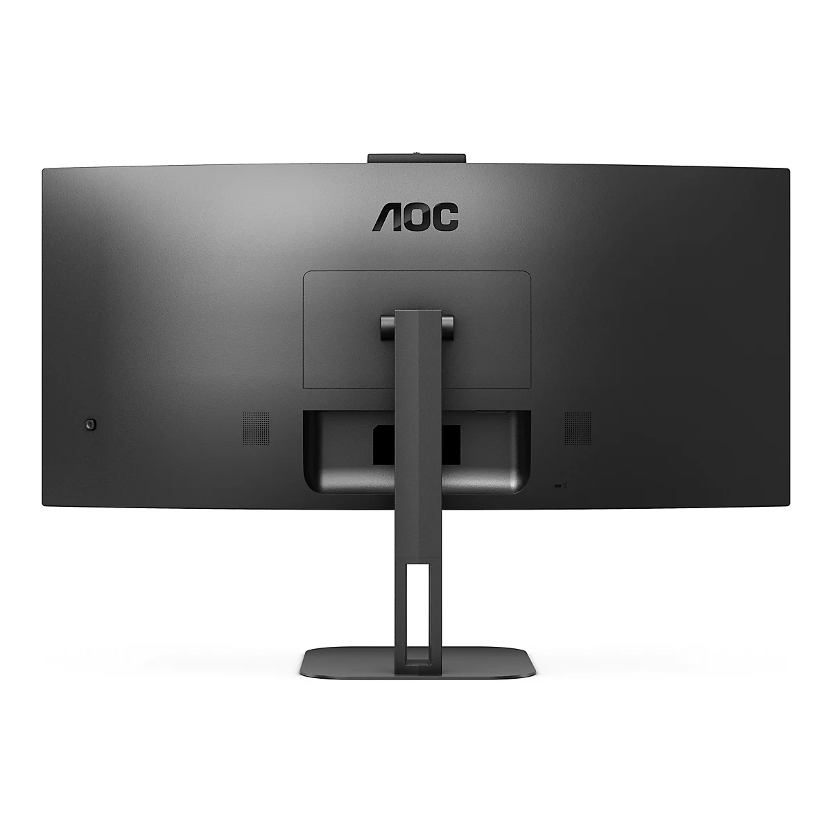 Rückseite eines schwarzen AOC Monitors mit Standfuß vor weißem Hintergrund.
