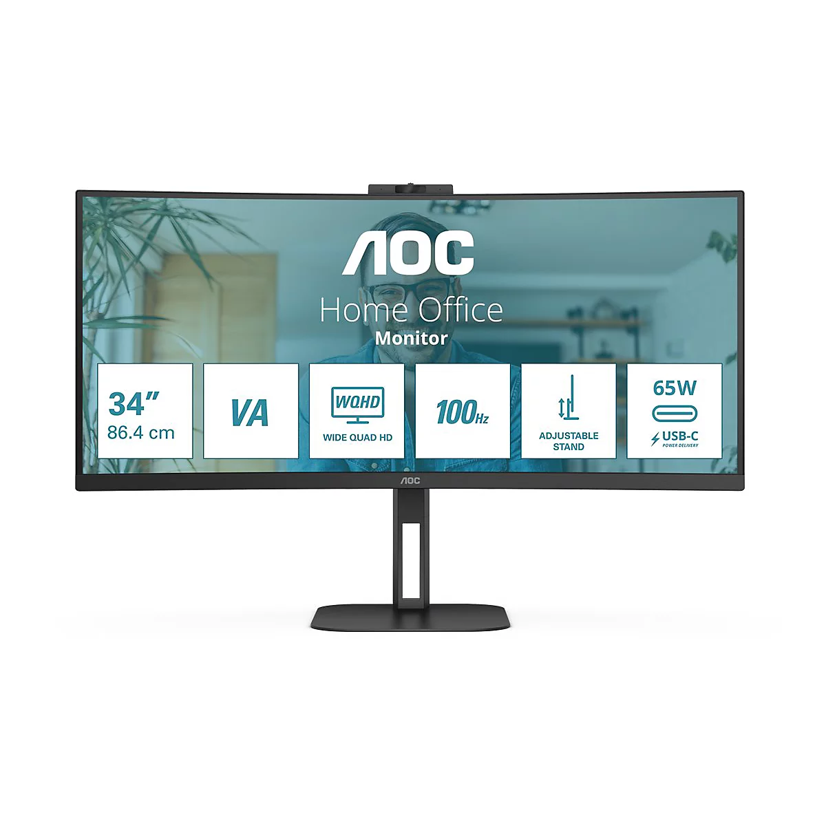 Schwarzer, gebogener 34-Zoll AOC-Monitor mit Infografiken zu technischen Spezifikationen auf dem Display.