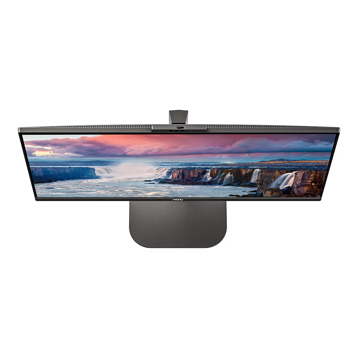 Ein Monitor, der von oben fotografiert wurde, zeigt einen Wasserfall unter einem rosafarbenen Himmel. Der Monitor hat eine Webcam.