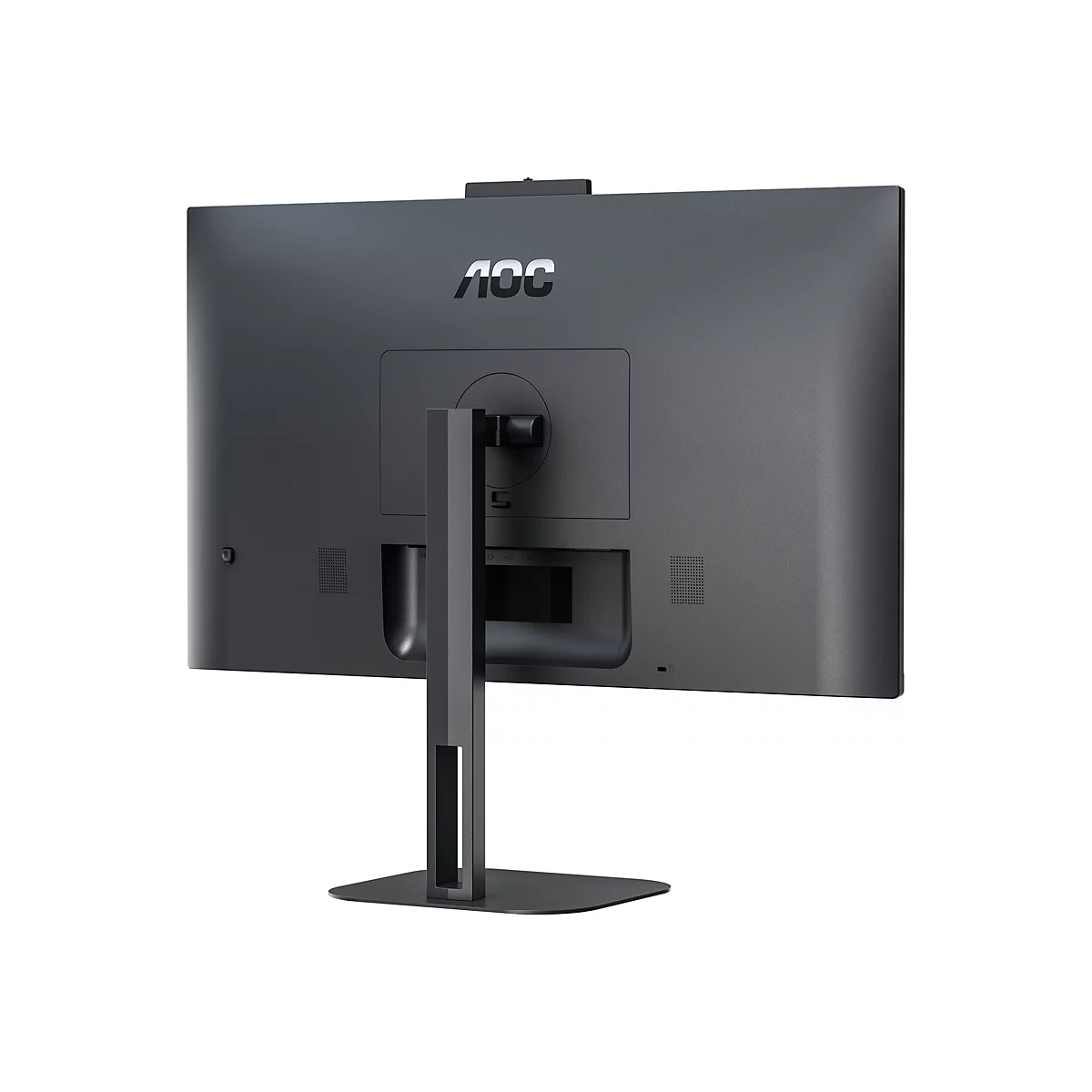 Rückseite eines schwarzen Monitors mit Standfuß. Das Logo 'AOC' ist zu sehen.
