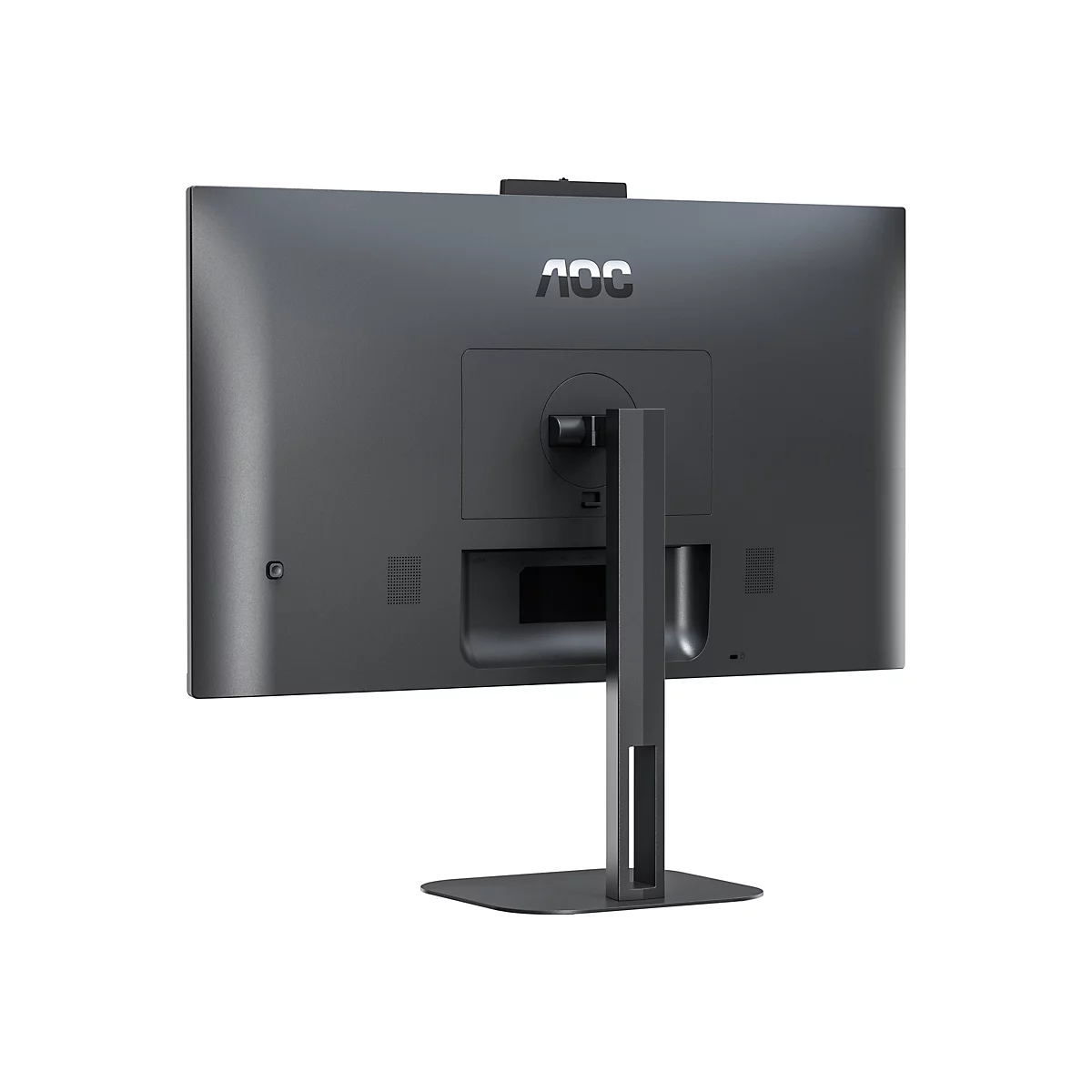 Rückseite eines grauen Monitors mit AOC-Logo, Standfuß und Anschlüssen.