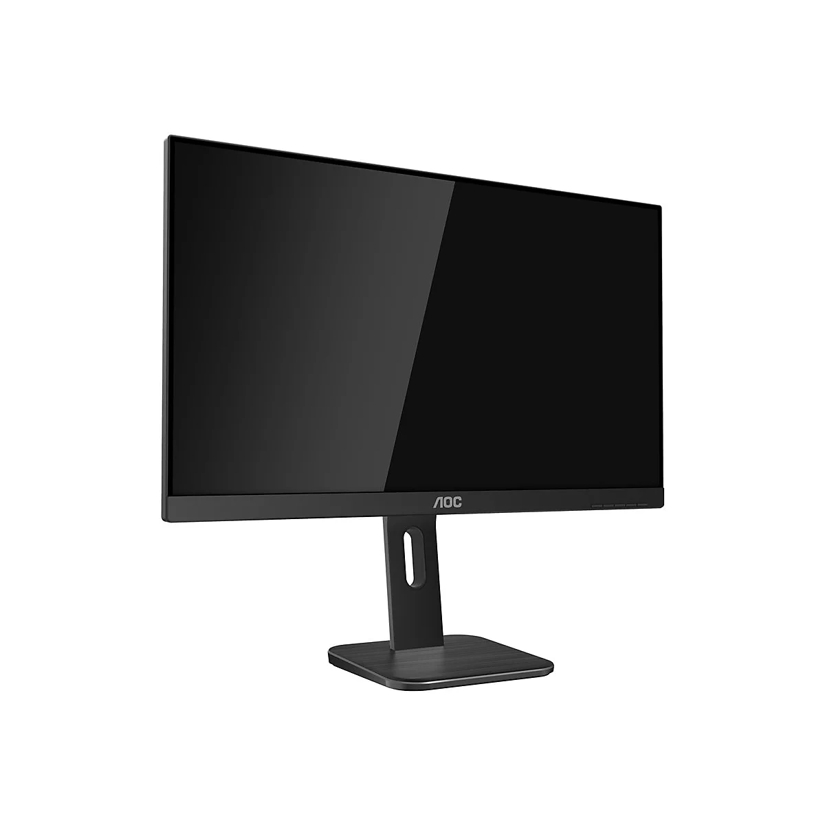 Schwarzer Monitor der Marke AOC mit dunklem Bildschirm, auf weiÃŸem Hintergrund. Der Monitor steht auf einem schwarzen StandfuÃŸ.