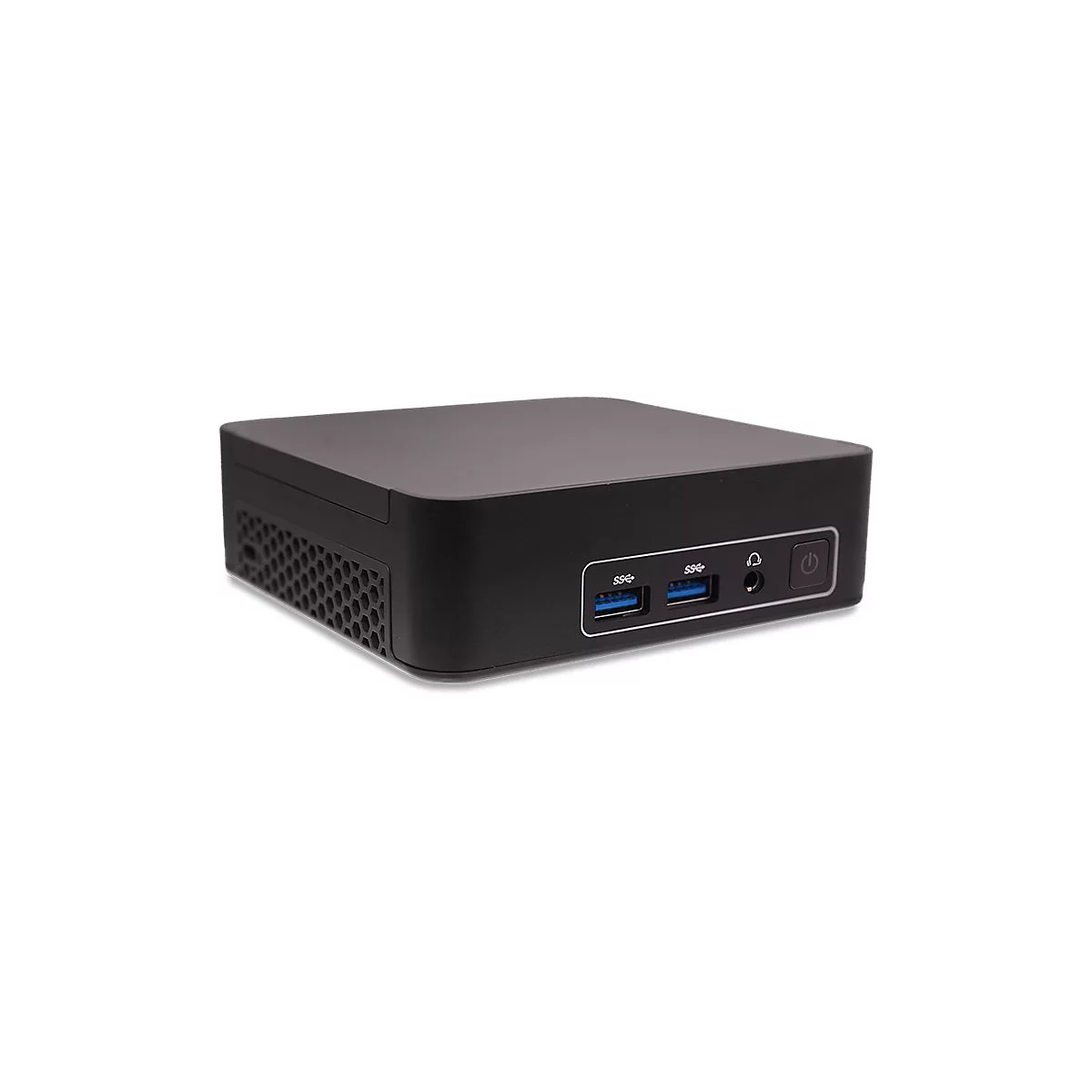 Schwarzer Mini-PC. Zwei USB-Anschlüsse, Kopfhöreranschluss und Power-Knopf.