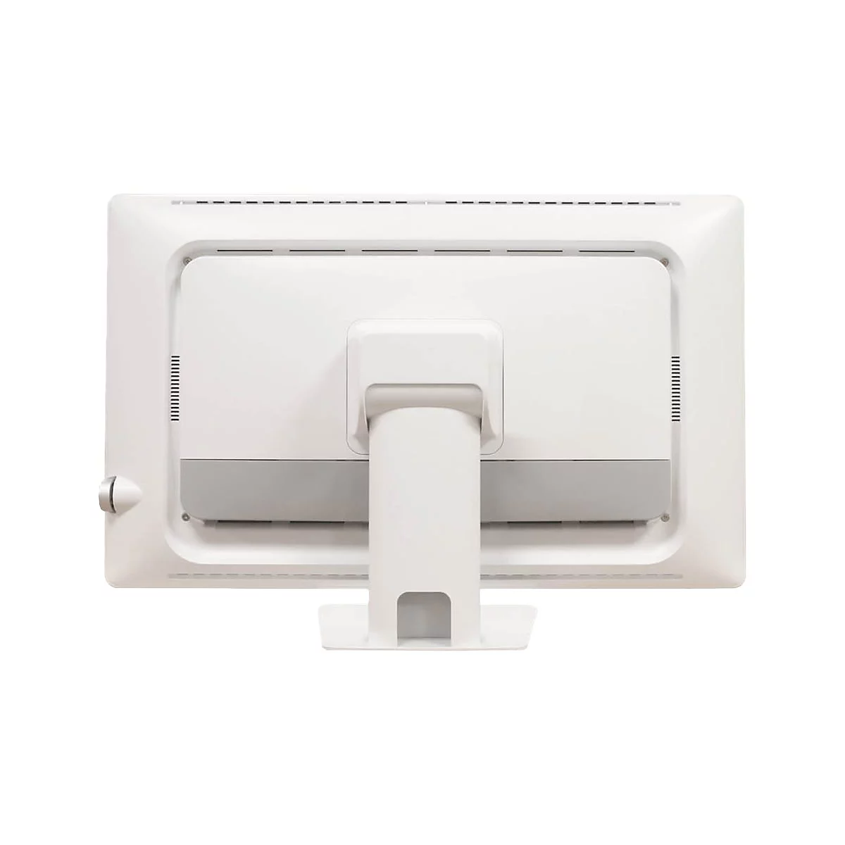 Rückseite eines weißen Monitors mit integriertem Ständer. Obere Kante mit Lüftungsschlitzen. Graues Element am unteren Rand.