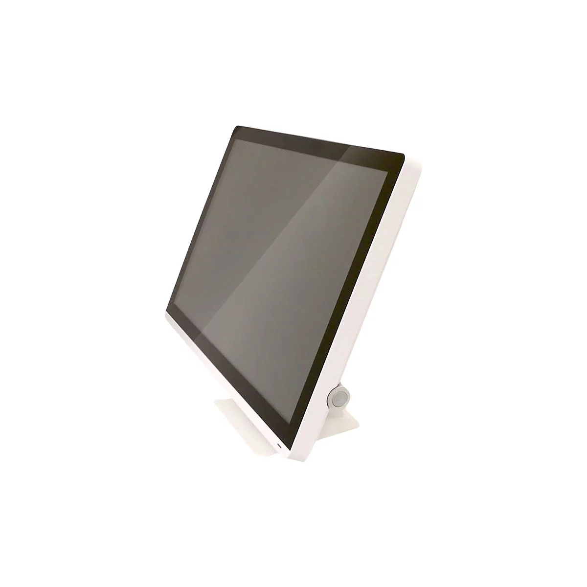 Weißer Bildschirm, der auf einem Ständer steht.