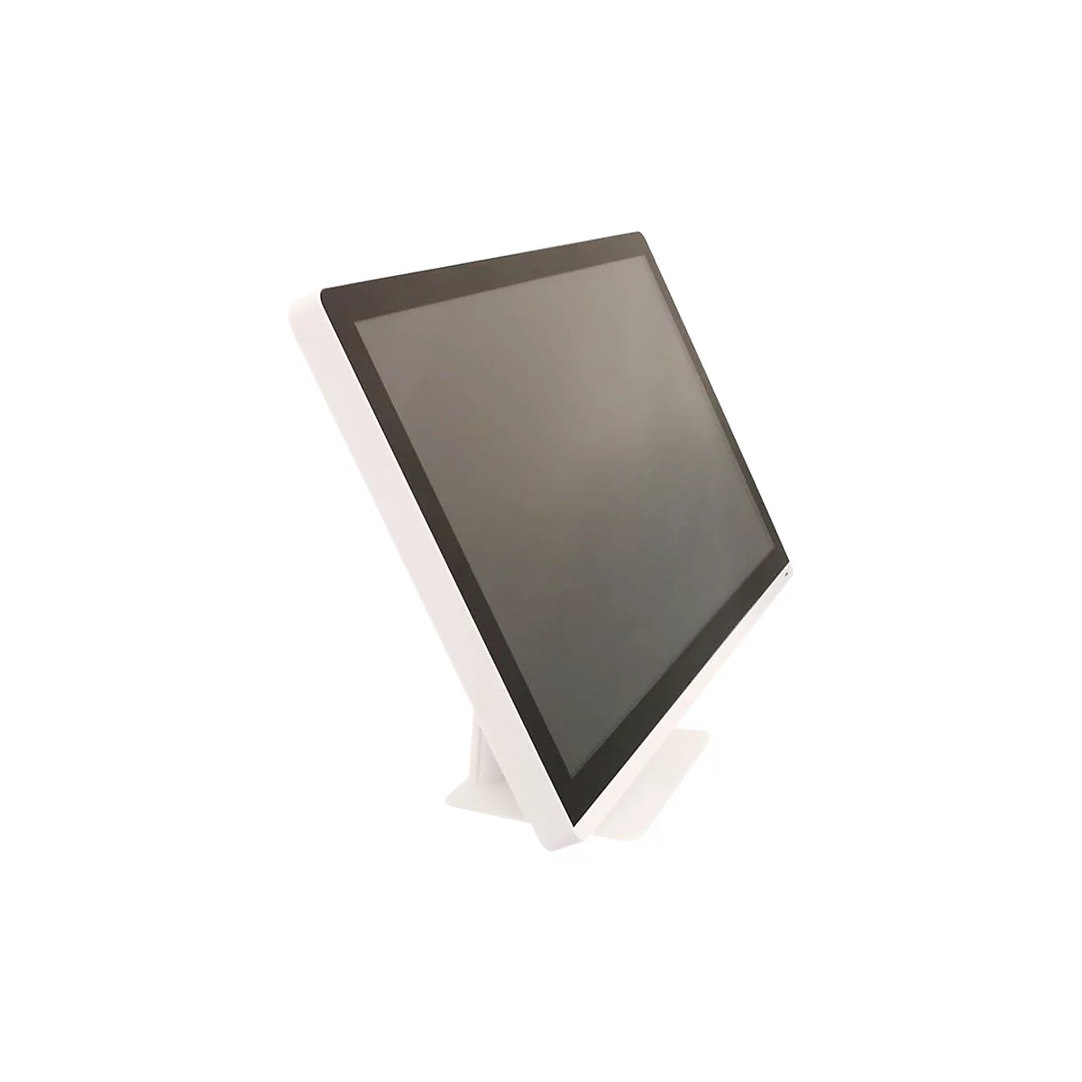 Ein weißer Touchscreen-Monitor steht vor weißem Hintergrund. Der Monitor ist leicht geneigt.
