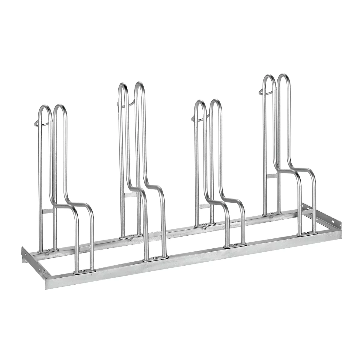 Aparcabicis con soportes de rueda, unilateral, para ruedas de hasta 55 mm ancho, An 1400 x P 1850 x Al 740 mm, acero galvanizado en caliente, 4 plazas, desmontado