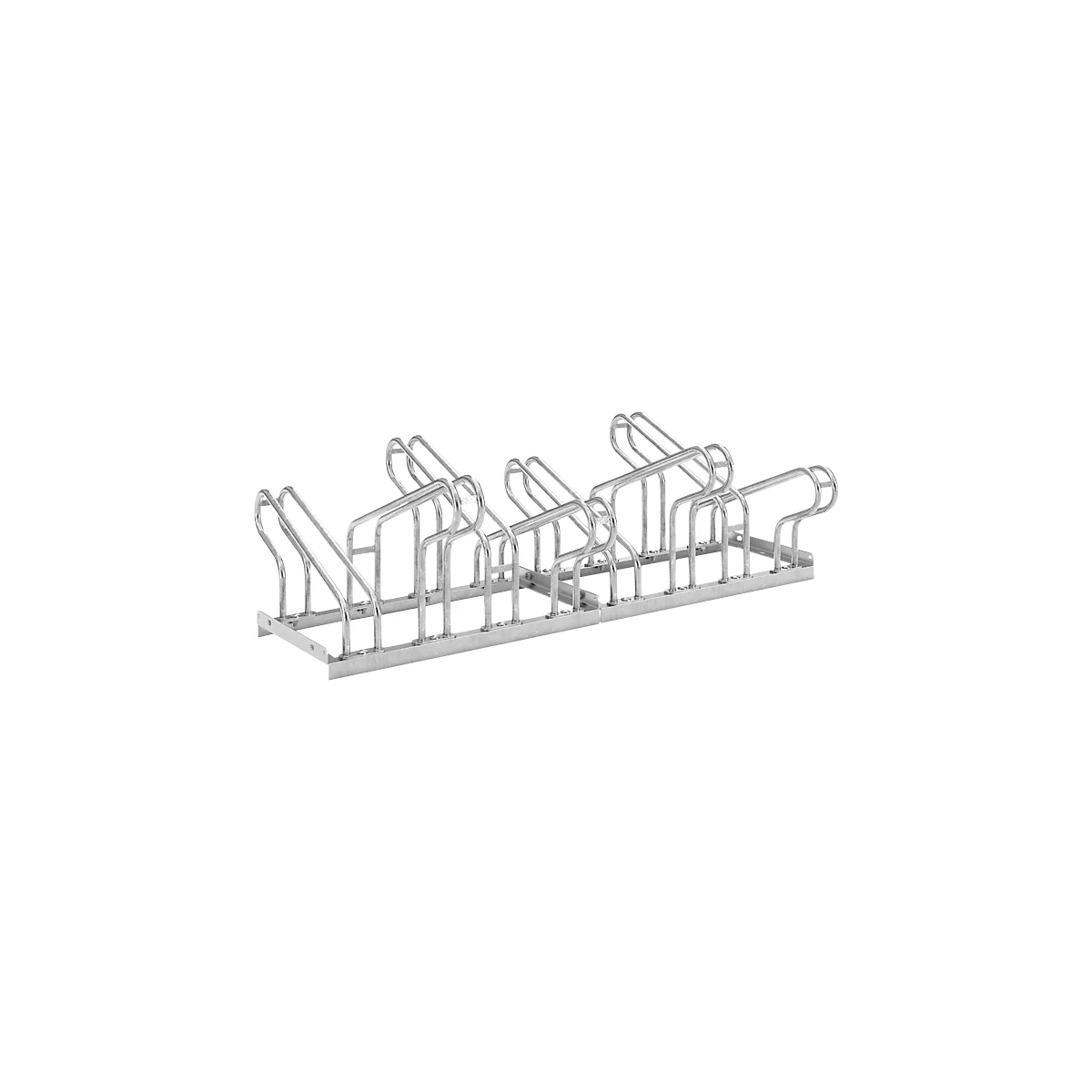 Soporte para bicicletas de metal diseñado para albergar varias bicicletas. La estructura es de estilo sencillo y moderno.