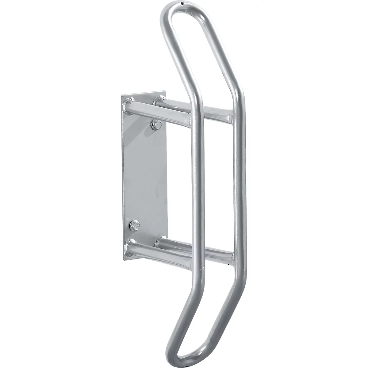 Soporte para bicicleta plateado, curvado, montado en la pared.