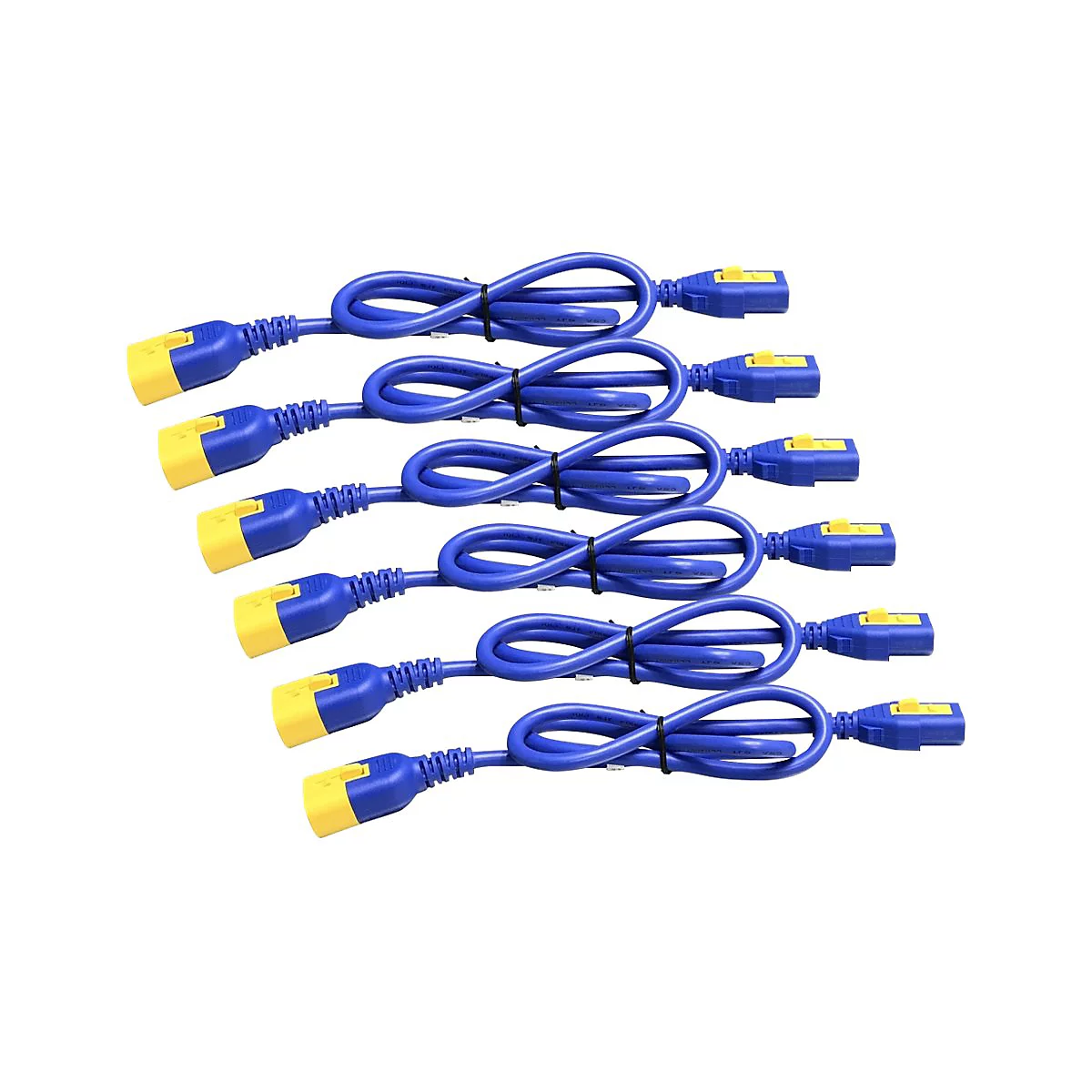 Sechs blaue Netzkabel mit gelben und blauen Steckern, auf weißem Hintergrund.
