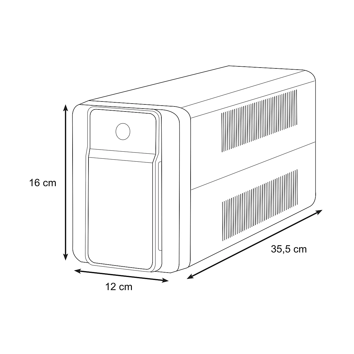 SchwarzweiÃŸ-Zeichnung eines UPS-GerÃ¤ts mit MaÃŸen: 16 cm hoch, 35,5 cm lang und 12 cm breit.