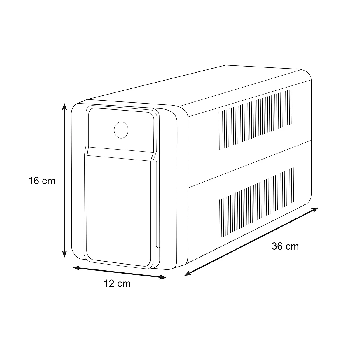 Auf weiÃŸem Hintergrund ein schematisches Diagramm einer USV. MaÃŸe: 16x12x36 cm.