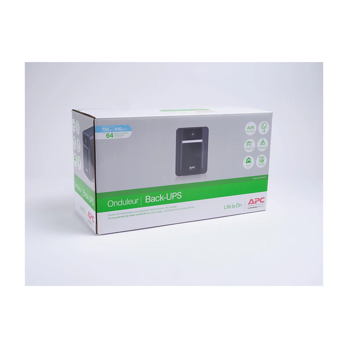 Karton einer USV-Anlage mit Produktabbildung. Aufschrift: Onduleur | Back-UPS. Logo von APC.