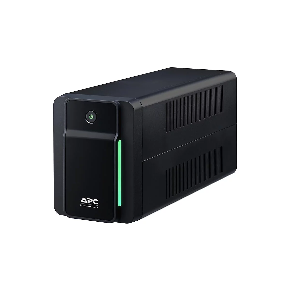 Schwarze USV mit grünem Ein-/Ausschalter und Leuchtstreifen. Aufschrift 'APC by Schneider Electric'.