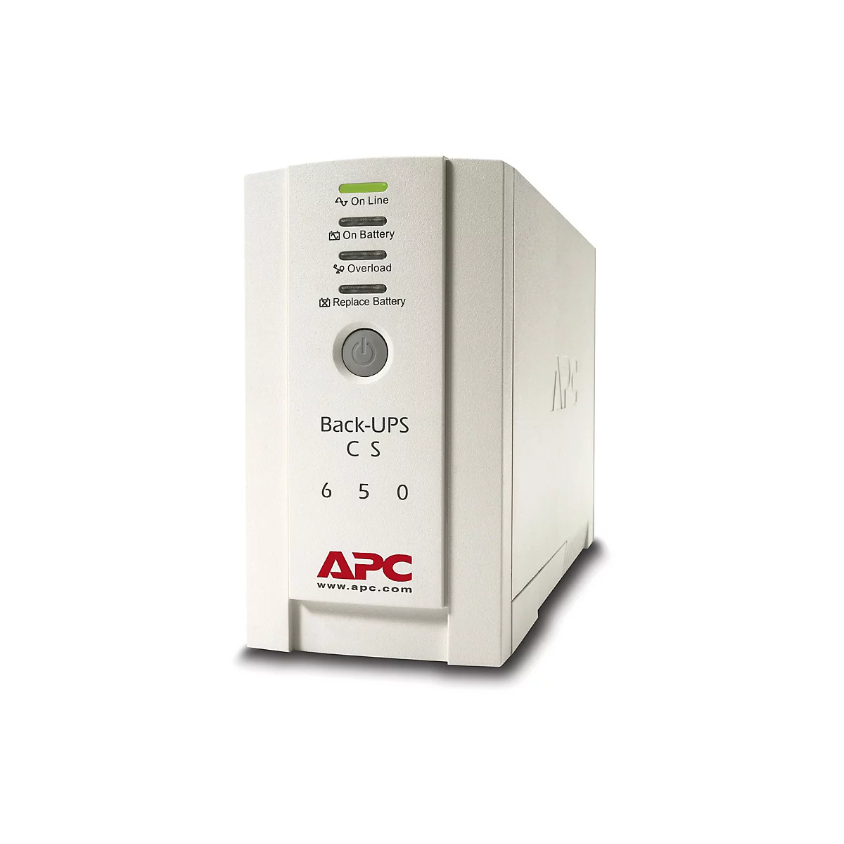 Ein weißes APC Back-UPS CS 650 Gerät, das auf weißem Hintergrund steht. Anzeigen für Online-, Batterie-, Überlast- und Batteriewechsel.