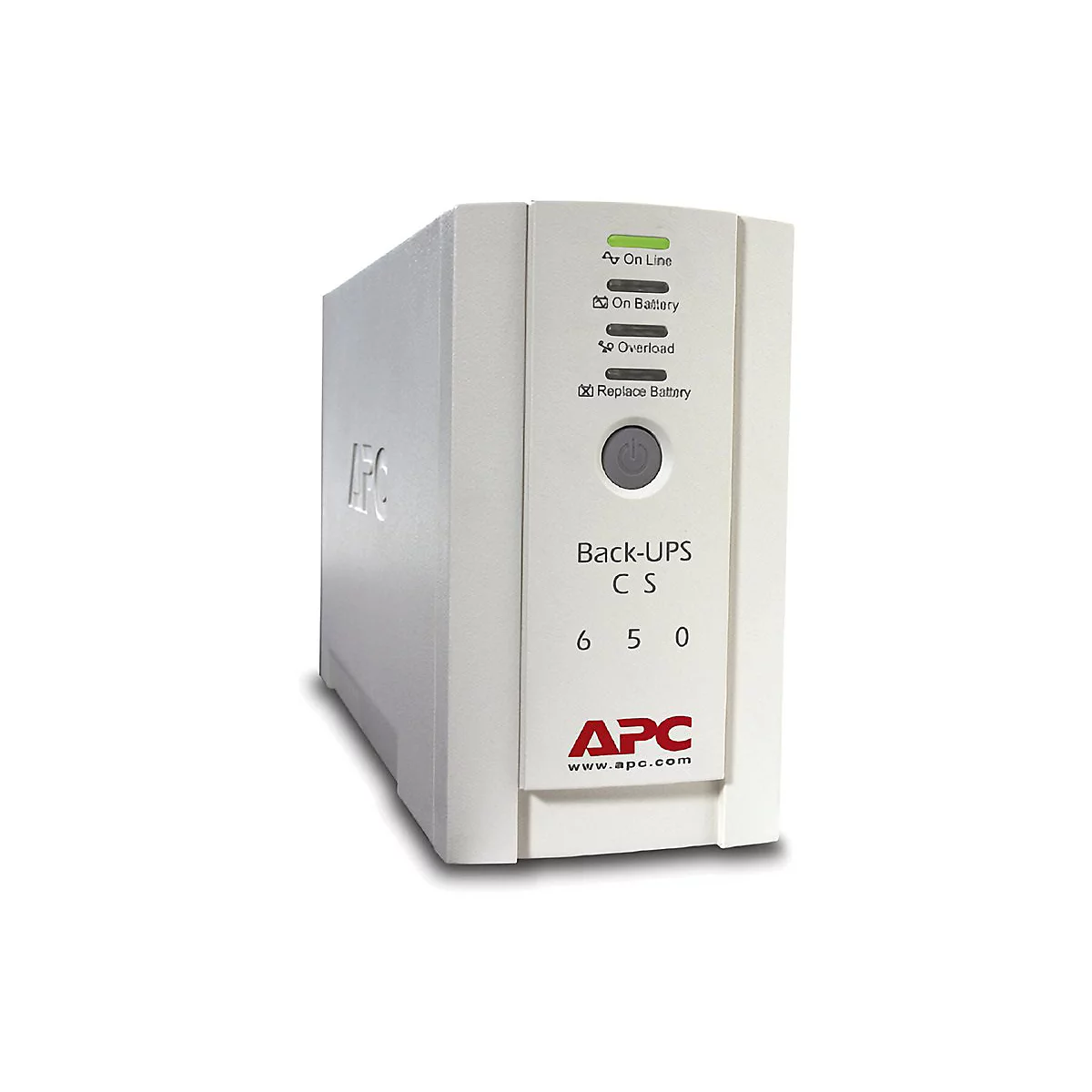 Grauer USV-Block mit Aufschrift Back-UPS, CS 650, APC-Logo und Kontrollleuchten.