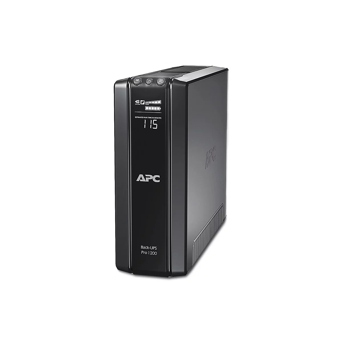 Schwarze USV-Anlage, APC Back-UPS Pro 1200. Digitalanzeige mit 115 Minuten Restlaufzeit. Aufschrift APC.