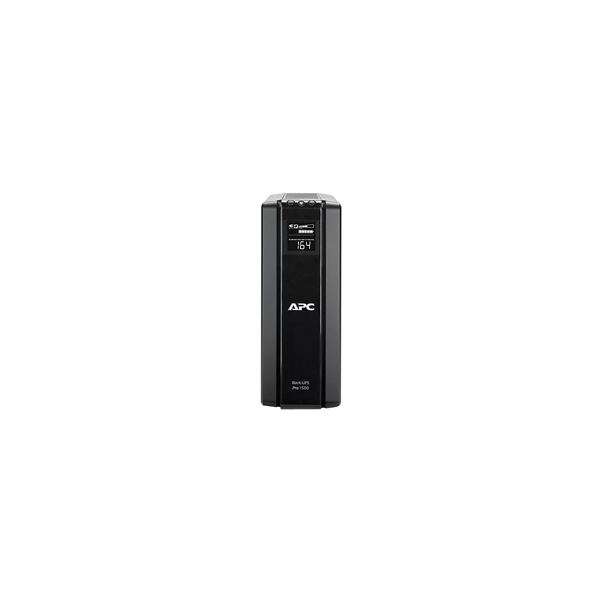 Schwarze USV-Anlage mit digitaler Anzeige, oben LEDs, Schriftzug APC. Unten: Back-UPS Pro 1500.