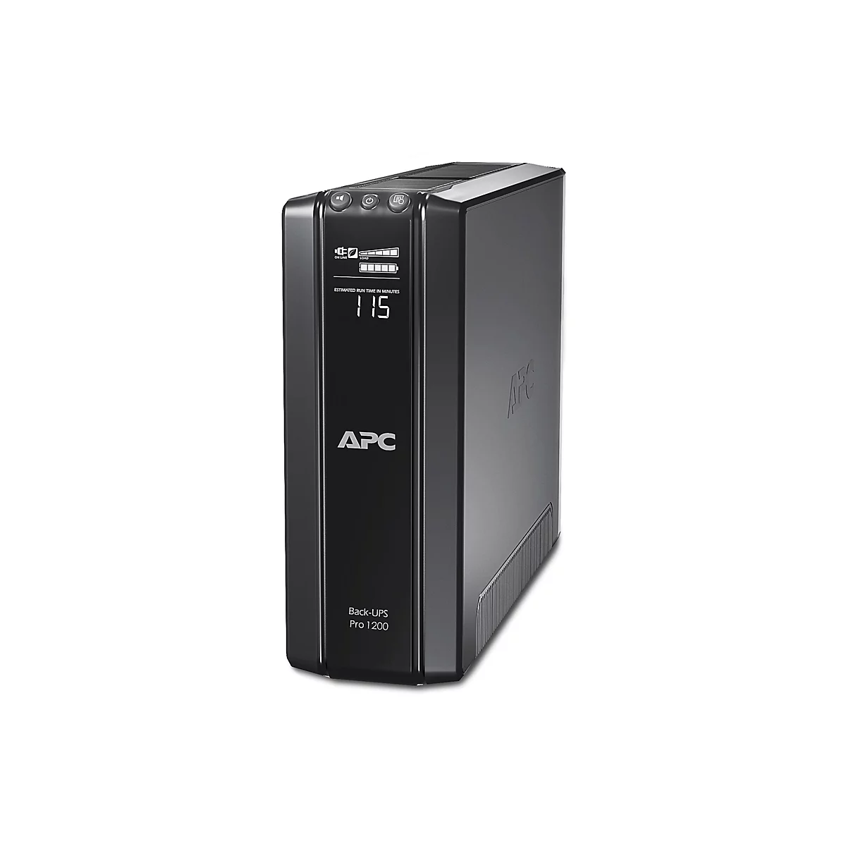 Ein schwarzes APC Back-UPS Pro 1200 USV-Gerät mit Anzeige von 115 Minuten verbleibender Laufzeit auf weißem Hintergrund.