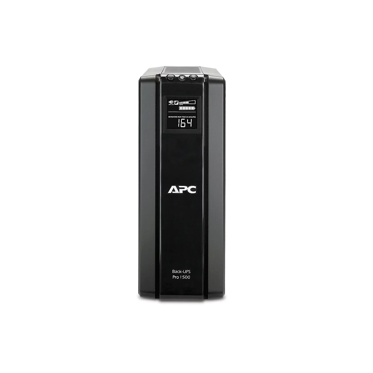 Schwarze USV-Anlage mit Anzeige von Laufzeit in Minuten. Der Schriftzug "APC" und "Back-UPS Pro 1500" sind zu sehen.